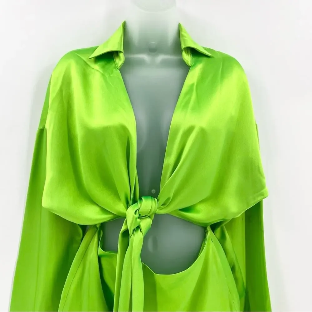 RETROFETE Knot-Detail Cut-Out Shirtdress Lime Green Deep V-Neck Tie Front Sm NEW - Picture 7 of 16